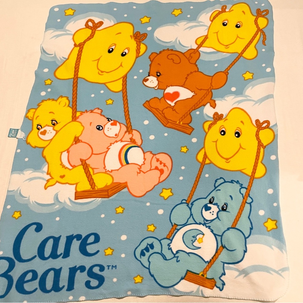 Vintage 2005 Care Bears Fleece Throw Blanket Stars & Clouds Blue Northwest Co